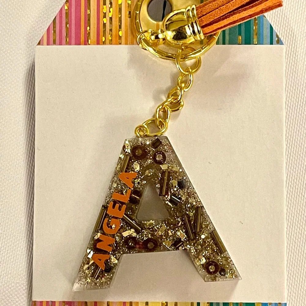 Angela letter A‎ glitter beads resin keychain